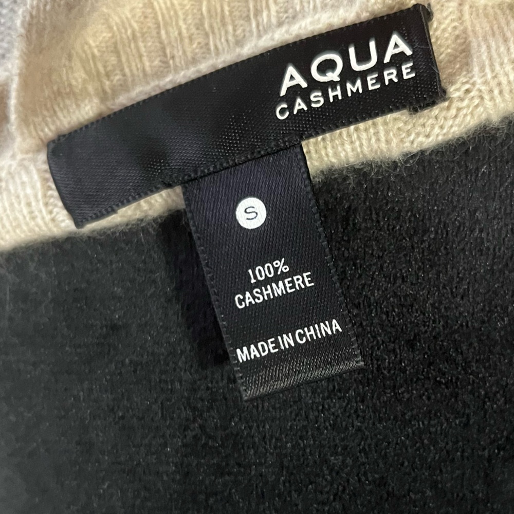 Aqua Cashmere Cream Sweater leather elbow patch small quiet luxury preppy career - Picture 6 of 6